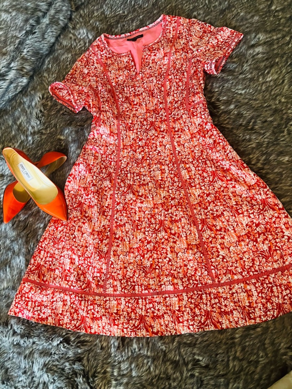 Banana Republic Coral-Red Floral Short Sleeve Fit-and-Flare Dress